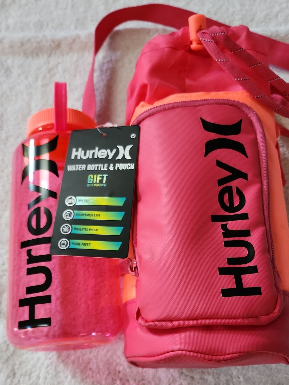 Hurley Pink Crossbody Pouch with Matching Water Bottle New